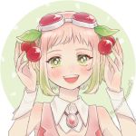  1girl bare_shoulders blush brooch cherry_hair_ornament food_themed_hair_ornament goggles goggles_on_head gradient_hair green_eyes gumi hair_ornament jewelry looking_at_viewer lowres multicolored_hair open_mouth pink_hair pink_shirt raputsue red_goggles sakura_gumi shirt sidelocks smile solo vocaloid wrist_cuffs 