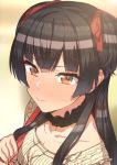  1girl bangs beige_blouse blunt_bangs blurry blurry_background blush bow breasts choker cleavage collarbone erere facing_away frilled_blouse frilled_choker frills from_above hair_bow holding idolmaster looking_at_viewer mayuzumi_fuyuko orange_eyes red_bow two_side_up 