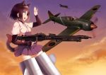  1girl 1other a9b_(louis814) absurdres animal_ears black_eyes black_hair black_shirt blue_skirt bob_cut cloud cloudy_sky commentary dog_ears dog_tail flying gradient_sky gun hakama_skirt highres holding holding_gun holding_weapon japanese_clothes kuroda_kunika long_sleeves looking_at_another machine_gun mg42 noble_witches open_mouth orange_sky outdoors pilot_suit pleated_skirt purple_sky roundel shirt short_hair short_over_long_sleeves short_sleeves skirt sky smile striker_unit tail twilight waving weapon white_shirt world_witches_series 