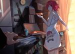  1girl alternate_costume apple_pie arknights blurry box breasts cardboard_box casual character_print chinese_commentary clock cowboy_shot cup curtains depth_of_field drawer dress drink exusiai_(arknights) food gun handgun highres holding holding_food looking_at_viewer machine_gun mirrorya no_wings paper red_eyes red_hair short_hair sleeveless sleeveless_dress small_breasts solo_focus spaghetti_strap sticky_note sweatdrop table thighs weapon white_dress 