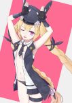  1girl absurdres armpits arms_up black_gloves black_panties blonde_hair braid commentary_request girls_frontline gloves grey_background hair_ribbon hat highres lapel_pin long_hair looking_at_viewer mari0ball navel necktie one_eye_closed open_clothes open_shirt open_vest panties pink_background purple_eyes rabbit_pose ribbon short_necktie solo sr-3mp_(girls_frontline) thigh_strap twintails underwear very_long_hair vest 