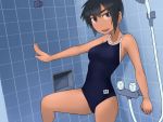  1girl :d absurdres against_wall bangs bathroom black_eyes black_hair blue_eyes blue_swimsuit breasts commentary competition_school_swimsuit cowboy_shot hair_between_eyes highres kuronami_(lvi) leg_up looking_at_viewer lvi medium_breasts one-piece_swimsuit open_mouth original outstretched_arm school_swimsuit short_hair shower_head smile solo standing sweatdrop swimsuit tan thick_eyebrows tile_wall tiles tsurime 