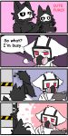  ! 1:2 2018 anthro black_body black_fur blush canid canine canis changed_(video_game) comic dialogue dr._k_(changed) duo english_text fchicken fur gas_mask goo_creature hi_res male mammal mask petting plushie puro_(changed) red_eyes sad text white_body white_eyes white_fur wolf 