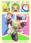  1girl 2boys :d bangs barry_(pokemon) beanie blonde_hair bracelet brown_eyes chimchar commentary_request dawn_(pokemon) english_text floating_hair green_scarf hair_ornament hairclip hat highres holding holding_poke_ball jacket jewelry lucas_(pokemon) multiple_boys open_mouth pants piplup pkpokopoko3 pointing poke_ball poke_ball_(basic) pokemon pokemon_(creature) pokemon_(game) pokemon_bdsp red_scarf scarf shirt short_hair short_sleeves skirt sleeveless sleeveless_shirt smile starter_pokemon_trio striped striped_jacket tongue turtwig white_headwear 
