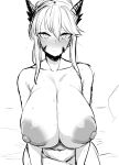  1girl areolae artoria_pendragon_(all) artoria_pendragon_(lancer_alter) bare_shoulders blush breasts fate/grand_order fate_(series) frown highres horns huge_breasts lingerie long_hair looking_at_viewer megao_3rd monochrome navel nipples nude plump shoulders sitting sketch thick_thighs thighs underwear white_eyes 