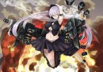  1girl absurdres ammunition_belt armband armored_boots arms_behind_head arms_up asymmetrical_legwear bike_shorts black_legwear black_shorts boots breasts casing_ejection cleavage covered_nipples explosion firing gaia_(girls_frontline) girls_frontline grenade_launcher grin highres huge_filesize jumping long_hair mari0ball navel rigging sangvis_ferri shell_casing shorts shorts_under_skirt silver_hair smile solo thighs tsurime very_long_hair weapon yellow_eyes 