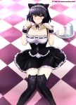  1girl absurdres animal_ears artist_name bare_shoulders black_hair blake_belladonna blush breasts cat_ears cat_girl checkered checkered_floor choker cleavage collarbone cup eyebrows_visible_through_hair hair_between_eyes highres looking_at_viewer maid maid_headdress medium_breasts milk_carton patreon_username paw_pose rwby short_hair skirt sleeveless smile solo thighhighs tile_floor tiles tray vilde_loh_hocen watermark web_address wrist_cuffs yellow_eyes zettai_ryouiki 