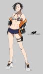  1girl absurdres bikini bikini_top black_hood ear_piercing highres jacket jacket_removed kamezaemon multicolored_hair open_clothes open_jacket original piercing shoes shorts sneakers solo swimsuit toned 