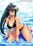  1girl absurdres ahoge artist_name bare_shoulders bikini black_bikini black_hair blue_eyes blush breasts cleavage collarbone commentary_request day eyebrows_visible_through_hair full_body hair_between_eyes highres homura_(senran_kagura) in_water kneeling large_breasts long_hair looking_at_viewer midriff outdoors patreon_username ponytail senran_kagura sleeveless solo swimsuit tan tanline vilde_loh_hocen water watermark web_address 