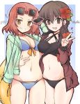  2girls arm_around_waist artist_name ass_visible_through_thighs bangs bikini black_bikini blue_bikini braid breasts brown_eyes brown_hair cellphone choker collaboration commentary drawstring eyebrows_visible_through_hair eyewear_on_head flower front-tie_bikini front-tie_top getsumen_suibaku_ver._a(c) girls_und_panzer green_shirt grin groin hair_flower hair_ornament hair_over_shoulder heart highres holding holding_innertube holding_phone hood hoodie innertube jacket jacket_on_shoulders long_hair long_sleeves looking_at_viewer medium_breasts medium_hair multiple_girls navel o-ring o-ring_bikini open_clothes open_jacket open_mouth open_shirt orange_choker outline phone rebirth42000 red_flower red_hair red_jacket rosehip_(girls_und_panzer) rukuriri_(girls_und_panzer) shirt side-by-side single_braid smartphone smile st._gloriana&#039;s_military_uniform standing sunglasses swimsuit twitter_username v white_outline zipper 