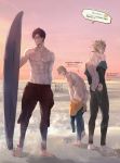  3boys adonis_belt ass barefoot belial_(granblue_fantasy) black_hair blonde_hair blue_eyes granblue_fantasy grin male_focus multiple_boys nodo_goshisawayaka parted_lips siete smile sunset surfboard twitter_username vane_(granblue_fantasy) wetsuit 