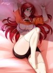  1girl absurdres artist_name bare_shoulders bike_shorts blush bra breasts cleavage collarbone feet_out_of_frame green_eyes hair_between_eyes highres large_breasts long_hair looking_at_viewer lying on_back on_bed patreon_username pyrrha_nikos red_hair rwby shirt short_sleeves sleeveless smile solo strapless teeth thighhighs underwear vilde_loh_hocen watermark web_address white_legwear 