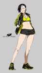  1girl absurdres black_hood ear_piercing highres jacket kamezaemon multicolored_hair open_clothes open_jacket original piercing shoes simple_background sneakers solo sports_bra toned 