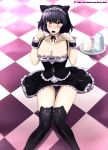  1girl absurdres animal_ears artist_name bare_shoulders black_hair blake_belladonna blush breasts cat_ears cat_girl checkered checkered_floor choker cleavage collarbone cup eyebrows_visible_through_hair hair_between_eyes highres looking_at_viewer maid maid_headdress medium_breasts milk_carton open_mouth panties patreon_username paw_pose rwby short_hair sitting skirt sleeveless solo teeth thighhighs tile_floor tiles tongue tray underwear vilde_loh_hocen watermark web_address wrist_cuffs yellow_eyes 