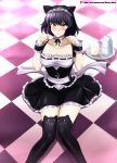  1girl absurdres animal_ears artist_name black_hair blake_belladonna blush breasts cat_ears cat_girl checkered checkered_floor choker cleavage collarbone cup eyebrows_visible_through_hair hair_between_eyes highres looking_at_viewer maid maid_headdress medium_breasts milk_carton patreon_username paw_pose rwby short_hair short_sleeves skirt solo thighhighs tile_floor tiles tray vilde_loh_hocen watermark web_address wrist_cuffs yellow_eyes zettai_ryouiki 