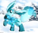  ambiguous_gender blue_body blue_tail clothed clothed_feral clothing eevee eeveelution feral gayeon glaceon hi_res hybrid male_(lore) nintendo pok&eacute;mon pok&eacute;mon_(species) quadruped snow snowing solo tongue video_games 