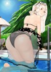  1girl absurdres ass back bangs bare_shoulders bikini black_bikini blue_sky breasts carmilla_(fate/grand_order) carmilla_(swimsuit_rider)_(fate) curly_hair eyewear_on_head fate/grand_order fate_(series) gyamu_(chewing-gum) highres huge_filesize large_breasts long_hair looking_at_viewer looking_back parted_bangs parted_lips poolside sarong sky smile sunglasses swimsuit thighs wading water white_hair 