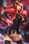  1girl ass black_dress breasts brown_hair brown_legwear cleavage commentary detached_sleeves dress earrings green_eyes jacket jewelry lips long_hair looking_at_viewer magic marvel nudtawut_thongmai parted_lips red_jacket scarlet_witch solo thighhighs thighs x-men 