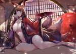  1girl amagi_(azur_lane) animal_ears architecture artist_name azur_lane bangs barefoot blue_eyes blunt_bangs bottomless breasts bridal_gauntlets brown_hair chest_of_drawers cleavage cup east_asian_architecture english_commentary evening fox_ears fox_tail gainoob indoors japanese_clothes kimono kyuubi large_breasts long_sleeves looking_at_viewer multiple_tails no_bra no_panties open_clothes open_kimono oriental_umbrella parted_lips plant potted_plant sakazuki sitting smile solo sunset tail tatami umbrella wide_sleeves window yokozuwari 