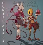  2girls battle_scarred bomb chica chicken_mask cupcake_(fnaf) cyborg dual_wielding five_nights_at_freddy&#039;s five_nights_at_freddy&#039;s_2 fox_mask holding humanization mangle mask mechanical_legs multiple_girls neytirix scar tattoo time_bomb weapon weapon_on_back whip whip_sword 