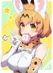  1girl :3 animal_ears bare_shoulders blonde_hair blush bow bowtie commentary_request elbow_gloves extra_ears eyebrows_visible_through_hair food food_in_mouth gloves hair_ornament hairclip highres japari_bun kemono_friends print_gloves print_neckwear serval_(kemono_friends) serval_ears serval_girl serval_print short_hair sleeveless solo takosuke0624 upper_body v yellow_eyes 