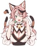  1girl animal_ears bangs breasts cat_ears cat_girl cat_tail cleavage collar color_guide commentary fang green_eyes large_breasts looking_at_viewer multicolored_hair multiple_tails neck_bell one_eye_closed open_mouth original paw_pose pink_hair puffy_sleeves short_sleeves simple_background slit_pupils solo tail twintails two-tone_hair two_tails white_background white_hair wide_sleeves yagi_(ningen) 