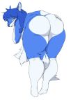  anthro audunor bent_over big_butt blue_body blue_fur butt canid canine female fur holding_back looking_back mammal simple_background solo white_background 