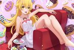  1girl absurdres bakemonogatari bare_legs bare_shoulders barefoot blonde_hair cqingwei doughnut dress food halter_dress highres long_hair looking_at_viewer mister_donut monogatari_(series) mouth_hold oshino_shinobu sitting sleeveless sleeveless_dress solo thighs white_dress yellow_eyes 