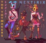  1girl 2boys bandages bear_mask black_neckwear blood bloody_bandages bow bowtie bunny_mask chicken_mask cyborg dress five_nights_at_freddy&#039;s five_nights_at_freddy&#039;s_2 formal huge_weapon humanization knife mask mechanical_arm mechanical_wings multiple_boys neytirix over_shoulder red_neckwear robot scissors screwdriver sitting stuffed_animal stuffed_toy suit teddy_bear tools toy_bonnie toy_chica toy_freddy weapon weapon_bag weapon_on_back weapon_over_shoulder wings wrench 