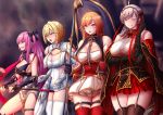  4girls :d absurdres algerie_(azur_lane) azur_lane bangs bare_shoulders black_legwear blonde_hair blue_eyes blush bow breasts brown_hair chin_gero cleavage cleavage_cutout closed_eyes closed_mouth commentary_request crown dress fingerless_gloves garter_straps gauntlets gloves hair_bow hair_bun highres holding holding_staff holding_weapon huge_filesize jeanne_d&#039;arc_(azur_lane) la_galissonniere_(azur_lane) large_breasts licking_lips long_hair mole mole_under_eye multiple_girls open_mouth pleated_skirt purple_eyes purple_hair red_legwear red_skirt richelieu_(azur_lane) sidelocks silver_hair skirt smile squatting staff standing strapless strapless_dress swept_bangs thigh_strap thighs tongue tongue_out weapon white_legwear white_skirt 