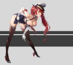  1girl azur_lane bangs black_legwear black_ribbon blush breasts cleavage collarbone commentary_request dress elbow_gloves eyebrows_visible_through_hair garter_straps gloves hair_ribbon hat highres honolulu_(azur_lane) large_breasts leaning_forward legs long_hair looking_to_the_side olys peaked_cap red_eyes red_hair ribbon side_slit simple_background sleeveless sleeveless_dress solo strapless strapless_dress thighhighs twintails white_gloves 