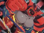  2020 4:3 black_body black_fur bulge clothing fur hi_res incineroar kunn_(artist) male muscular nintendo pok&eacute;mon pok&eacute;mon_(species) red_body red_fur sharp_teeth solo teeth video_games 