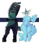  anthro blush boots breasts canid canine canis clothing curvy_figure duo eeveelution embarrassed female footwear gloves goon_(goonie_san) goonie-san handwear headgear headwear hi_res looking_at_viewer male male/female mammal nintendo pok&eacute;mon pok&eacute;mon_(species) size_difference smile thick_thighs vaporeon video_games voluptuous wolf 