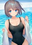  1girl ainy77 artist_name bangs bare_shoulders black_swimsuit blue_eyes blush breasts chest_tattoo cleavage collarbone commentary_request eyebrows_visible_through_hair grey_hair highres looking_at_viewer medium_breasts one-piece_swimsuit original parted_lips short_hair solo star_tattoo swimsuit tattoo twitter_username upper_body water 