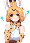  ? animal_ears bare_shoulders blonde_hair blush bow bowtie elbow_gloves extra_ears eyebrows_visible_through_hair finger_to_chin gloves highres kemono_friends ozaki_yuka print_gloves print_neckwear raised_eyebrow serval_(kemono_friends) serval_ears serval_girl serval_print shirt short_hair sleeveless takosuke0624 upper_body white_shirt yellow_eyes 