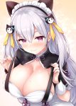  1girl blush breasts cleavage collarbone commentary_request hair_between_eyes highres hourei_tenten large_breasts looking_at_viewer maid_headdress melty+ mole mole_on_breast mole_under_eye portrait purple_eyes silver_hair simple_background solo sweat uni8 virtual_youtuber 