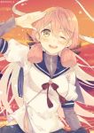  1girl akashi_(kantai_collection) blue_sailor_collar blue_shirt blue_skirt blush green_eyes hair_between_eyes hair_ribbon hairi_(mncrgc_h) kantai_collection long_hair long_sleeves one_eye_closed open_mouth pink_hair pleated_skirt red_ribbon ribbon sailor_collar school_uniform serafuku shirt skirt smile solo tress_ribbon twitter_username upper_body 