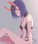  1girl artist_request bangs bare_shoulders blush bob_cut breasts collarbone eyeliner fate/grand_order fate_(series) gradient gradient_background grey_background headpiece highres horns knee_up looking_at_viewer makeup navel oni oni_horns purple_eyes purple_hair revealing_clothes short_hair shuten_douji_(fate/grand_order) simple_background sitting skin-covered_horns small_breasts thighs 