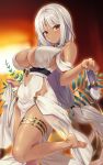  1girl azur_lane backlighting bare_shoulders black_ribbon blush breasts brown_eyes cleavage commentary commentary_request dark_skin dress emanon123 eyebrows_visible_through_hair facial_mark forehead_mark hair_ribbon highres large_breasts long_hair looking_at_viewer massachusetts_(azur_lane) massachusetts_(dressed_to_impress)_(azur_lane) nail_polish native_american navel plant ribbon see-through shoes_removed sideboob solo thigh_strap very_long_hair white_dress white_hair white_nails 