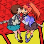  2girls bandaid bandaid_on_knee bandaid_on_leg bangs baseball_bat black_skirt blue_eyes blue_skirt bob_cut bow brown_eyes brown_hair cheek-to-cheek crossover eyebrows_visible_through_hair gyosone hair_bow holding_hands jacket kill_la_kill kyoko_(kunio-kun) long_hair looking_at_viewer mankanshoku_mako multiple_girls open_clothes open_jacket orange_hair ponytail red_bow river_city_girls short_hair skirt tied_hair v-shaped_eyebrows 