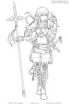  1girl bird bird_on_finger boots fire_emblem fire_emblem:_shadow_dragon fire_emblem_heroes full_body gofelem headband holding_lance holstered_weapon lineart long_hair looking_to_the_side palla_(fire_emblem) patreon_username sketch solo sword thigh_boots thighhighs twitter_username weapon white_background zettai_ryouiki 