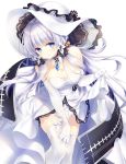  1girl azur_lane bangs blue_eyes blush breasts cleavage closed_mouth dress elbow_gloves eyebrows_visible_through_hair gloves hair_ornament hair_ribbon hat highres illustrious_(azur_lane) lace-trimmed_headwear lace_trim large_breasts lifted_by_self long_hair looking_at_viewer mole mole_under_eye ribbon silver_hair simple_background smile solo strapless strapless_dress sun_hat tatekawa_mako thighhighs tress_ribbon tri_tails white_background white_dress white_gloves white_headwear white_legwear 