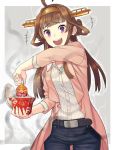  1girl :d ahoge belt brown_hair casual commentary_request contemporary cowboy_shot eyebrows_visible_through_hair hairband headgear itou_(onsoku_tassha) jacket kantai_collection kongou_(kantai_collection) long_hair long_sleeves looking_at_viewer nakau open_mouth purple_eyes sidelocks smile solo tea 