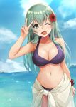  1girl bikini breasts cleavage closed_eyes cloud cowboy_shot day flower green_eyes green_hair hair_between_eyes hair_flower hair_ornament highres kantai_collection kodama_(mmt_uf) large_breasts long_hair navel ocean one_eye_closed open_mouth purple_bikini red_flower sarong smile solo suzuya_(kantai_collection) swimsuit v white_sarong 
