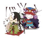  2boys ^_^ ^v^ argyle argyle_legwear ashiya_douman_(fate/grand_order) asymmetrical_clothes bell cape center_opening chibi closed_eyes clown commentary_request cup curly_hair cushion cutting_hair earrings eyelashes fate/grand_order fate_(series) fur-trimmed_cape fur_collar fur_trim green_eyeshadow hat headpiece horns jewelry jingle_bell long_hair magatama magatama_earrings makeup medium_hair mephistopheles_(fate/grand_order) motion_lines multiple_boys pantyhose pibacocoa purple_hair purple_neckwear ribbed_sleeves scissors shaded_face smile steam teardrop translation_request unzipped very_long_hair white_skin 