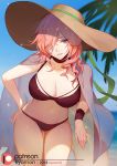  1girl artist_name beach bikini black_bikini blue_eyes blue_sky breasts brown_headwear cleavage commentary cowboy_shot day english_commentary final_fantasy final_fantasy_xiii flipped_hair green_ribbon grin groin hair_over_one_eye hand_on_hip hat hat_ribbon head_tilt innertube large_breasts leaning_forward leaning_on_object legs_together lightning_farron medium_hair midriff navel ocean one_eye_covered outdoors palm_tree parted_lips patreon_logo patreon_username pink_hair pink_lips ribbon ringlets shiny shiny_skin sky smile solo songjikyo standing sun_hat swimsuit thighs tree 
