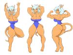  anthro audunor big_breasts bikini_thong breasts butt cleavage clothed clothing female kobold looking_back muscular muscular_female one-piece_swimsuit pose scalie simple_background solo swimwear 