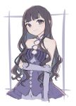  1girl alternate_hairstyle black_hair border dress gloves grey_gloves hair_down highres long_hair looking_at_viewer oshima_hanto paradigm_paradox purple_border purple_dress purple_eyes sena_(paradigm_paradox) sleeveless sleeveless_dress solo wavy_hair white_background 