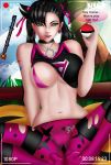  breasts feet hand_up highres mary_(pokemon) paid_reward patreon_reward poke_ball pokemon pokemon_(game) pussy safety_pin self_upload shirt speech_bubble thighhighs tree watermark web_address xanas 