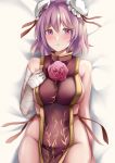  1girl absurdres bandaged_arm bandages bangs blush bun_cover chinese_clothes double_bun flower hand_on_own_chest highres ibaraki_kasen koizumo looking_at_viewer naked_tabard on_bed pink_eyes pink_flower pink_hair pink_rose red_ribbon ribbon rose short_hair sweatdrop tabard touhou 